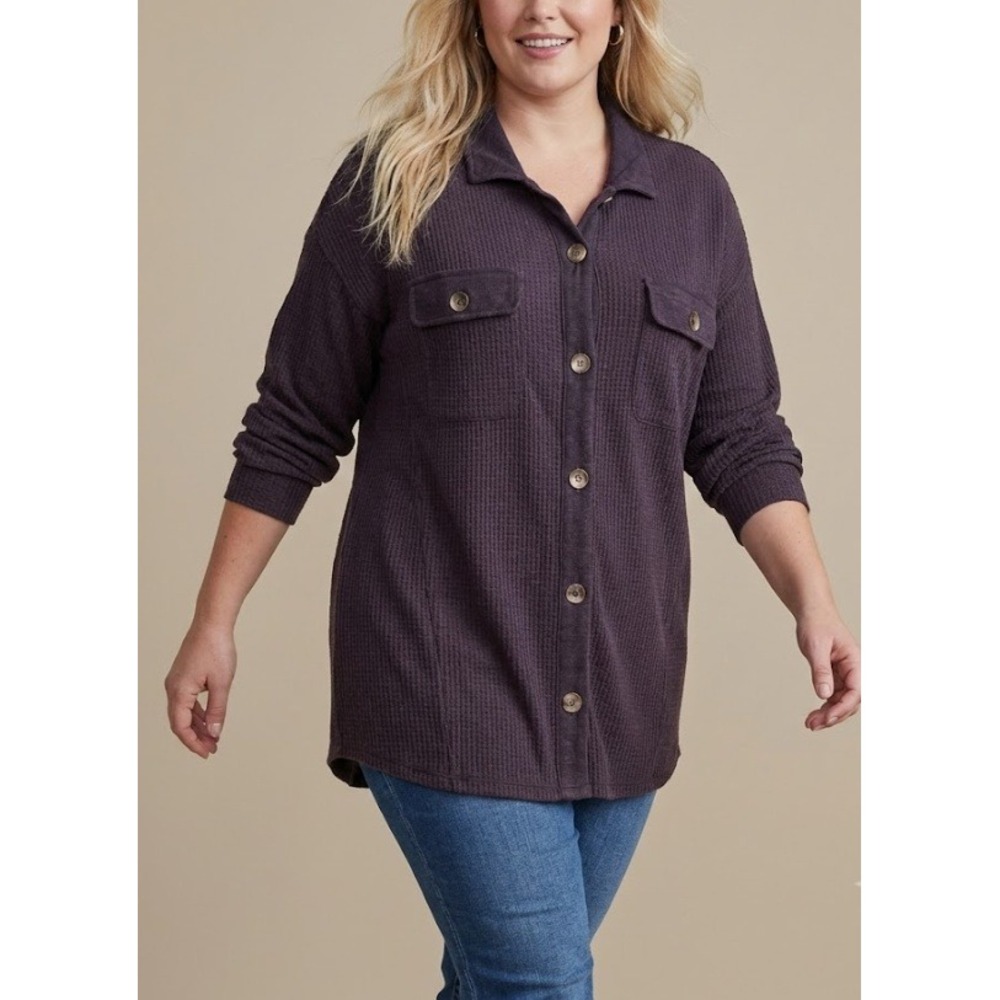 Soft Surroundings 2X Purple Waffle Knit Distressed Relaxed Button Up Lagenlook